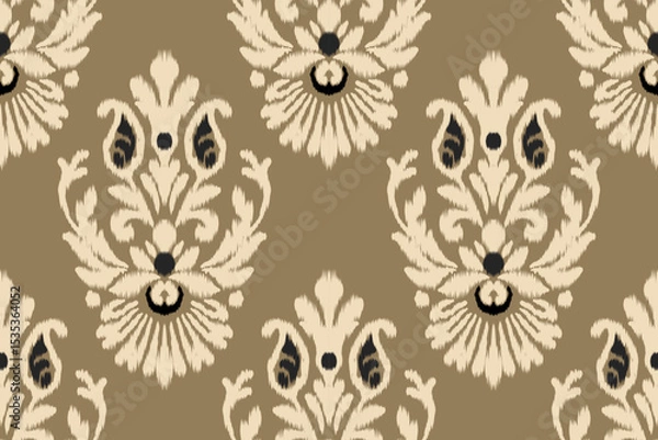 Obraz Seamless ikat damask floral pattern with embroidery texture in olive green and cream colors, traditional ethnic design for fabric, clothing, decoration, background, and abstract textile illustration.