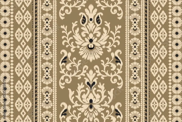Obraz Seamless ikat damask floral pattern with embroidery texture in olive green and cream colors, traditional ethnic design for fabric, clothing, decoration, background, and abstract textile illustration.
