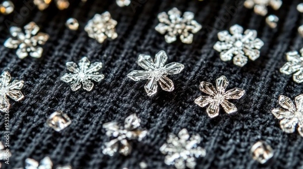 Fototapeta Sparkling snowflakes scattered on a dark knitted fabric.