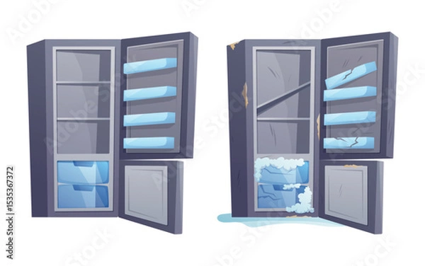 Fototapeta Vector isolated cartoon illustration of a new and old refrigerator. One is clean and intact, the other broken, rusty, scratched, and covered in ice. Comparison of functional and damaged appliances.