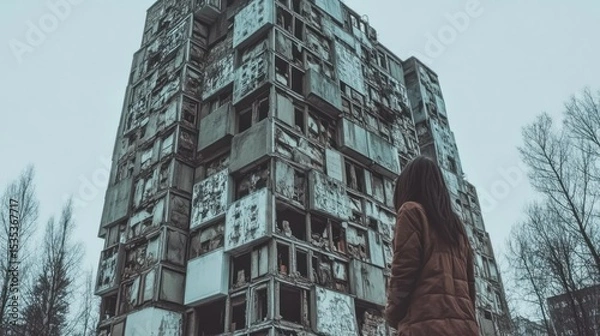 Fototapeta A woman gazes at a dilapidated, multi-story building.