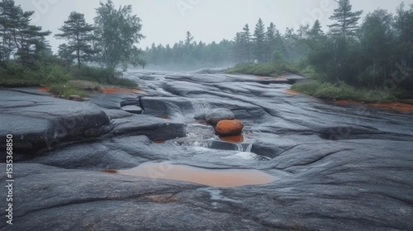 Fototapeta Serene Mist-Shrouded Riverbed with Balanced Rocks