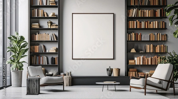Fototapeta Modern Living Room Interior Design with Bookshelves and Empty Frame