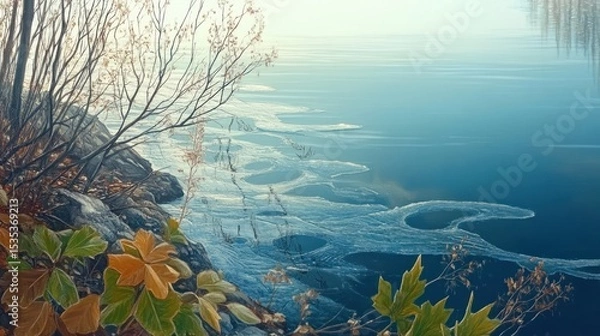 Fototapeta Serene Winter Lakeside Scene with Melting Ice