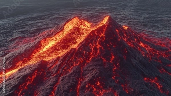 Fototapeta A fiery volcanic peak glows intensely against a dark, stormy sky.