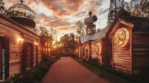 Fototapeta Sunset Pathway Illuminates Wooden Buildings with Celestial Windows