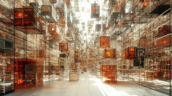 Fototapeta A futuristic cityscape of translucent amber cubes glows under a bright light.