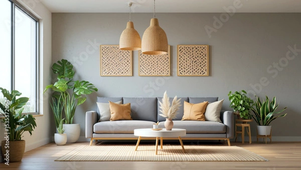 Obraz Stylish scandinavian living room features a gray couch, wooden accents, potted plants, and soft lighting creating a relaxing atmosphere ideal for gatherings. Generative AI.
