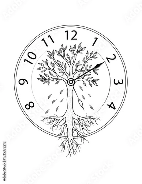 Fototapeta A symbolic line art illustration combining a tree of life with a clock face