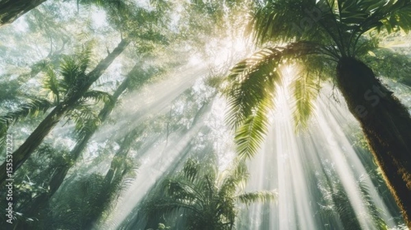 Fototapeta Sunbeams Illuminate Lush Tropical Rainforest Canopy