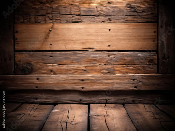 Obraz A textured wooden wall and floor create a rustic, cozy environment with warm lighting perfect for setting an inviting tone in various settings. Generative AI.