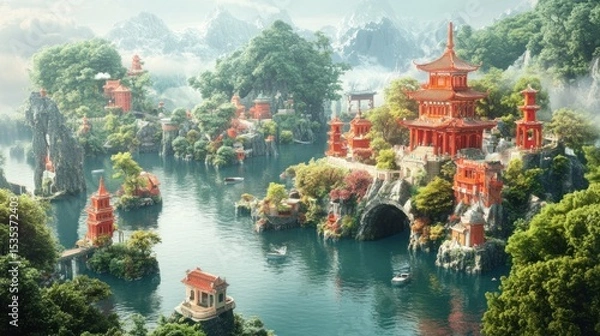 Fototapeta A serene Asian village nestled amongst tranquil waters and snow-capped mountains.