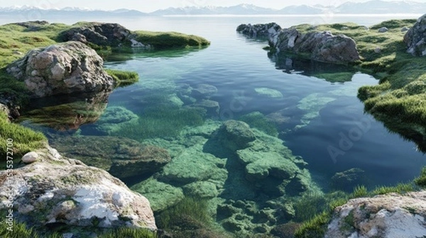 Fototapeta Serene mountain lake reflecting clear water and rocks