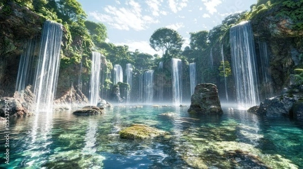 Fototapeta Serene Waterfall Oasis in Lush Green Tropical Paradise
