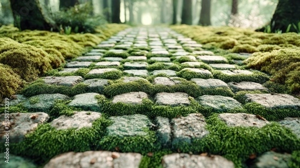 Fototapeta A mossy stone path winds through a sun-dappled forest.