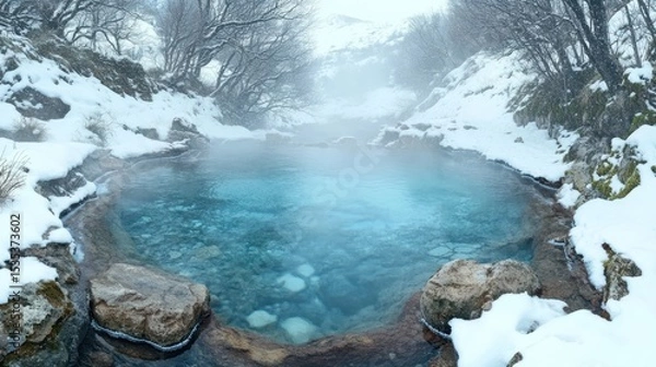 Fototapeta Serene winter hot spring nestled in a snowy mountain valley.