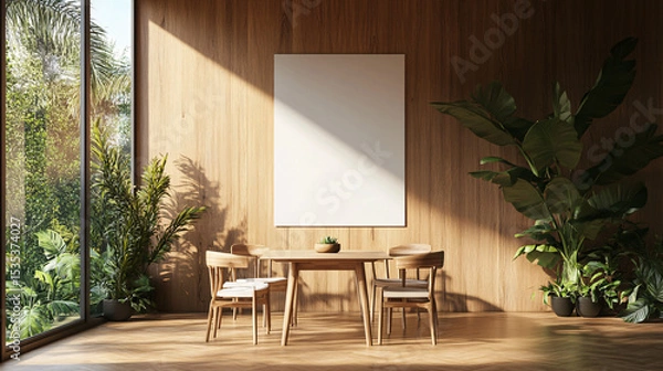 Fototapeta Modern Minimalist Dining Room with Blank Canvas and Greenery