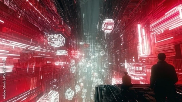 Fototapeta Two figures contemplate a futuristic cityscape glowing red and white.