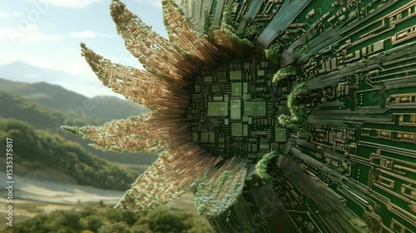 Fototapeta A bio-circuitry blossom unfolds against a verdant landscape.
