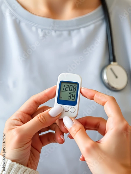 Obraz Woman's hands checking diabetes and hyperglycemia with digital blood sugar meter. Healthcare and medical concept