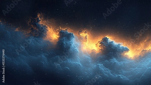 Fototapeta Celestial cloudscape ablaze with golden light against a dark starry sky