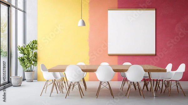 Fototapeta Modern Interior Design Blank Canvas Colorful Walls and Stylish Dining Set