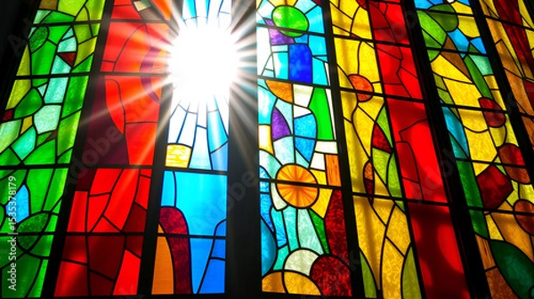 Obraz Beautiful colourful stained glass windows with sunlight shining through.