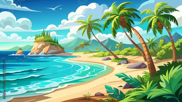 Fototapeta Beautiful tropical beach paradise with turquoise sea waves, soft white sand palm trees under summer sunlight sky. Perfect nature island escape exotic travel vacation dreams, relaxation tourism lovers 