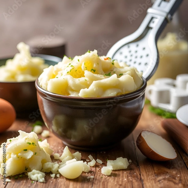 Obraz Mashed potatoeswith potato ricer at the background