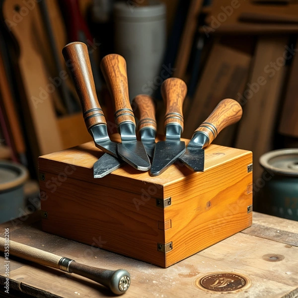 Obraz Carpenter's chisels on wooden box in workshop