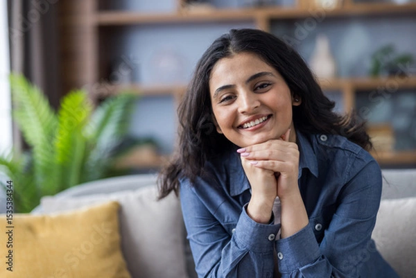 Fototapeta Portrait of a positive young smiling Indian woman sitting on the sofa at home, folding her hands together and looking confidently at the camera