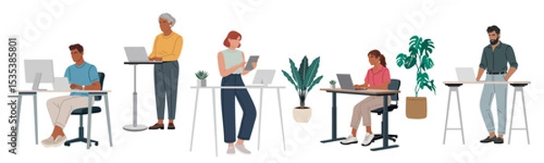 Fototapeta Vector set of diverse people in smart casual outfits working with laptop, computer, or tablet, standing or sitting at desks. Ideal for business, teamwork, and coworking illustrations