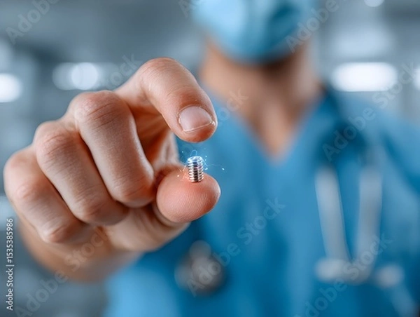 Fototapeta A surgeon wea scrubs presents tiny implantable device that offers hope for medical breakthrough research.