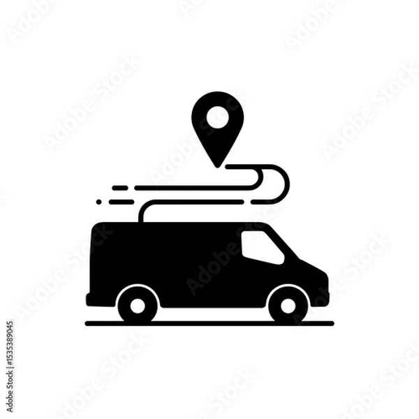 Fototapeta Silhouette van with map pin and motion lines, delivery and fast transit icon