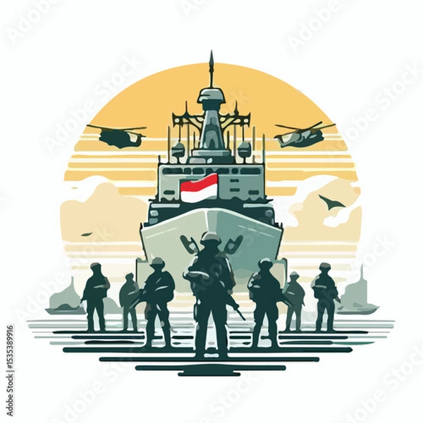 Fototapeta image of soldiers in front of the Republic of Indonesia warship with a simple and minimalist flat design using a white background