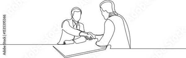 Fototapeta Job interview - vector modern simple one continuous line design composition with recruiter and candidate. Minimalist illustration of people shaking hand sketch in black linear sketch isolated on white