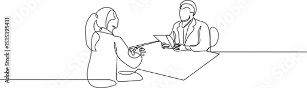 Fototapeta Job interview - vector modern simple one continuous line design composition with recruiter and candidate. Minimalist illustration sketch in black linear sketch isolated on white background