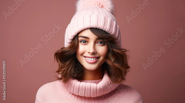 Fototapeta A smiling young woman with wavy hair wears a pink knit hat with a pom-pom and a matching pink turtleneck against a warm, muted pink background.