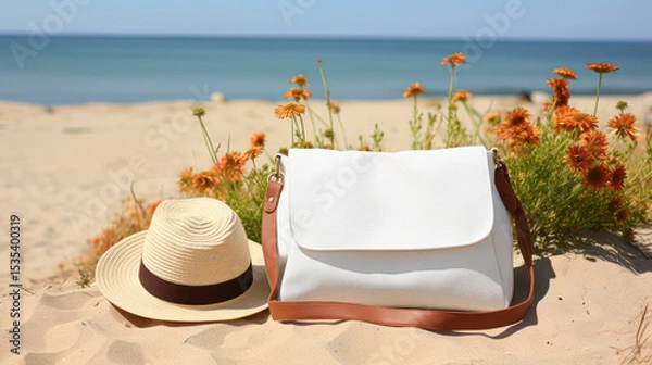 Fototapeta A white handbag and a straw hat rest on sandy beach with orange flowers and a calm blue sea in the background under clear skies.