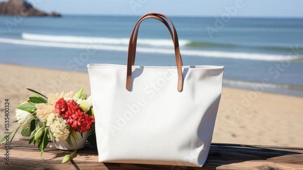 Fototapeta White leather handbag with brown handles sits on a wooden table next to a bouquet of flowers by a sandy beach and calm ocean waves under a clear sky.
