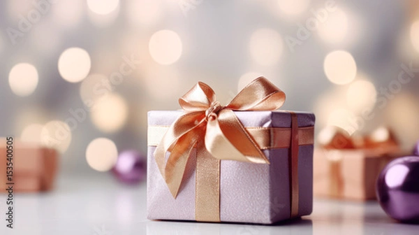 Fototapeta A beautifully wrapped silver gift box with a shimmering gold ribbon, set against a soft, glowing bokeh background, capturing a festive and elegant atmosphere.