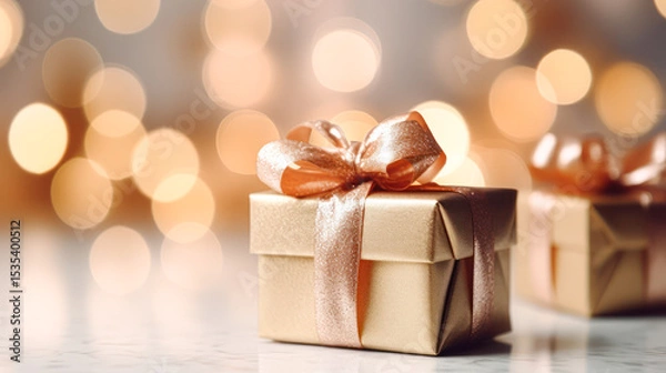 Fototapeta A gold box with a bow on top of it