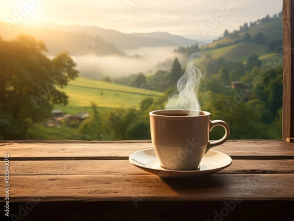 Fototapeta A steaming cup of coffee sits on a wooden windowsill overlooking a serene, sunlit valley with rolling hills and misty morning fog.