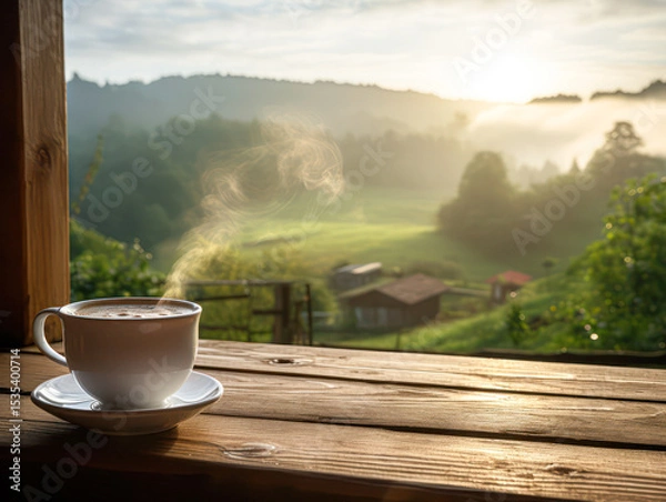 Fototapeta A steaming cup of coffee sits on a wooden table overlooking a misty, sunlit countryside with rolling hills and rustic houses.