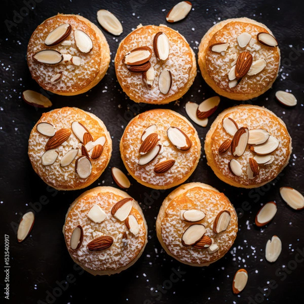 Fototapeta Eight almond-topped cupcakes dusted with powdered sugar arranged on a dark surface with scattered almond slices.