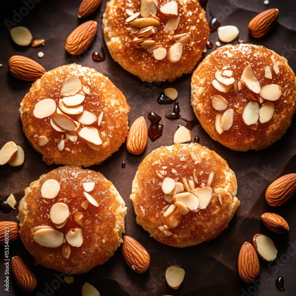Fototapeta Golden almond cakes topped with sliced almonds and surrounded by whole almonds on a dark surface with syrup drizzles.