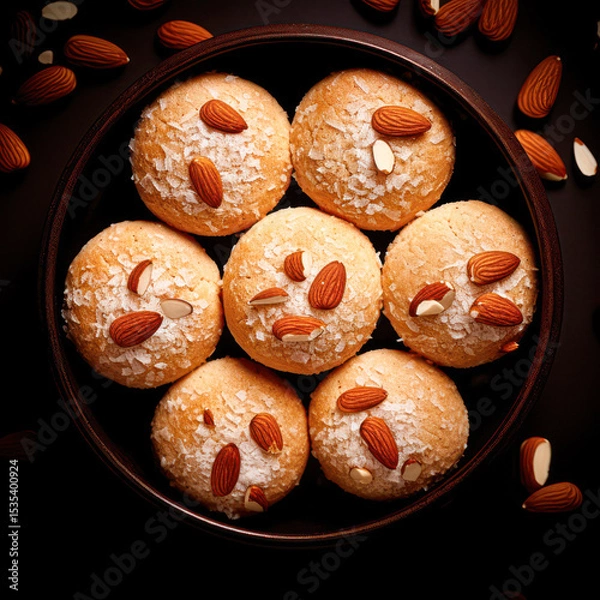 Fototapeta Round almond cookies topped with whole and sliced almonds, arranged in a dark bowl with scattered almonds around on a black background.
