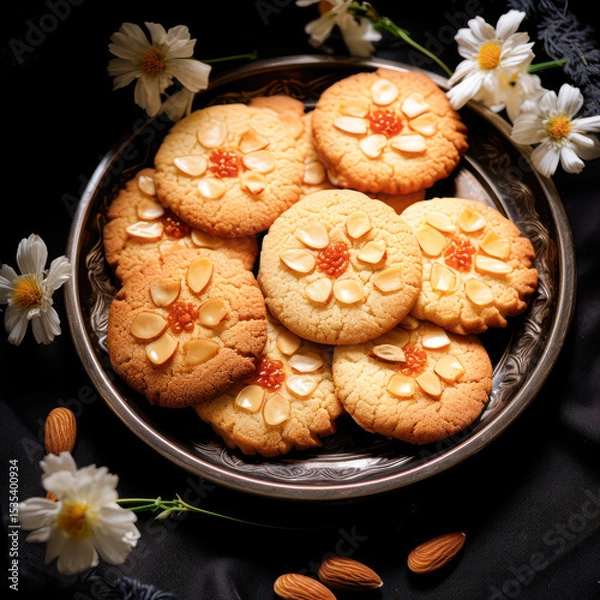 Fototapeta A plate of flower-shaped almond cookies with a jam center, surrounded by white flowers and almonds on a dark fabric background.