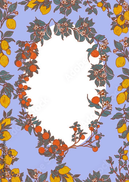 Fototapeta Oranges lemons illustration oval frame. Round fruit summer border for decor design. Citrus garden trees blue square card template and provence photo