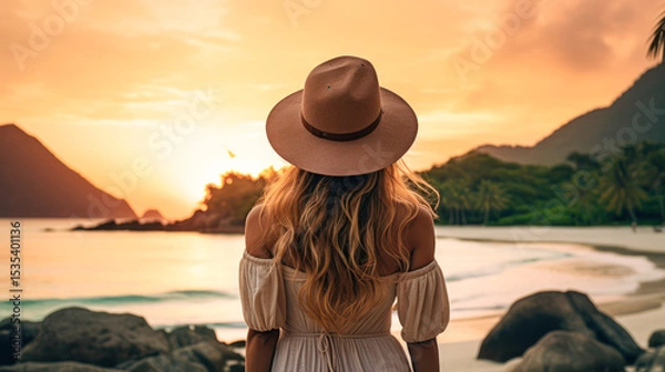 Fototapeta A woman in a hat gazes at a tropical beach sunset, surrounded by mountains, palm trees, and rocks.